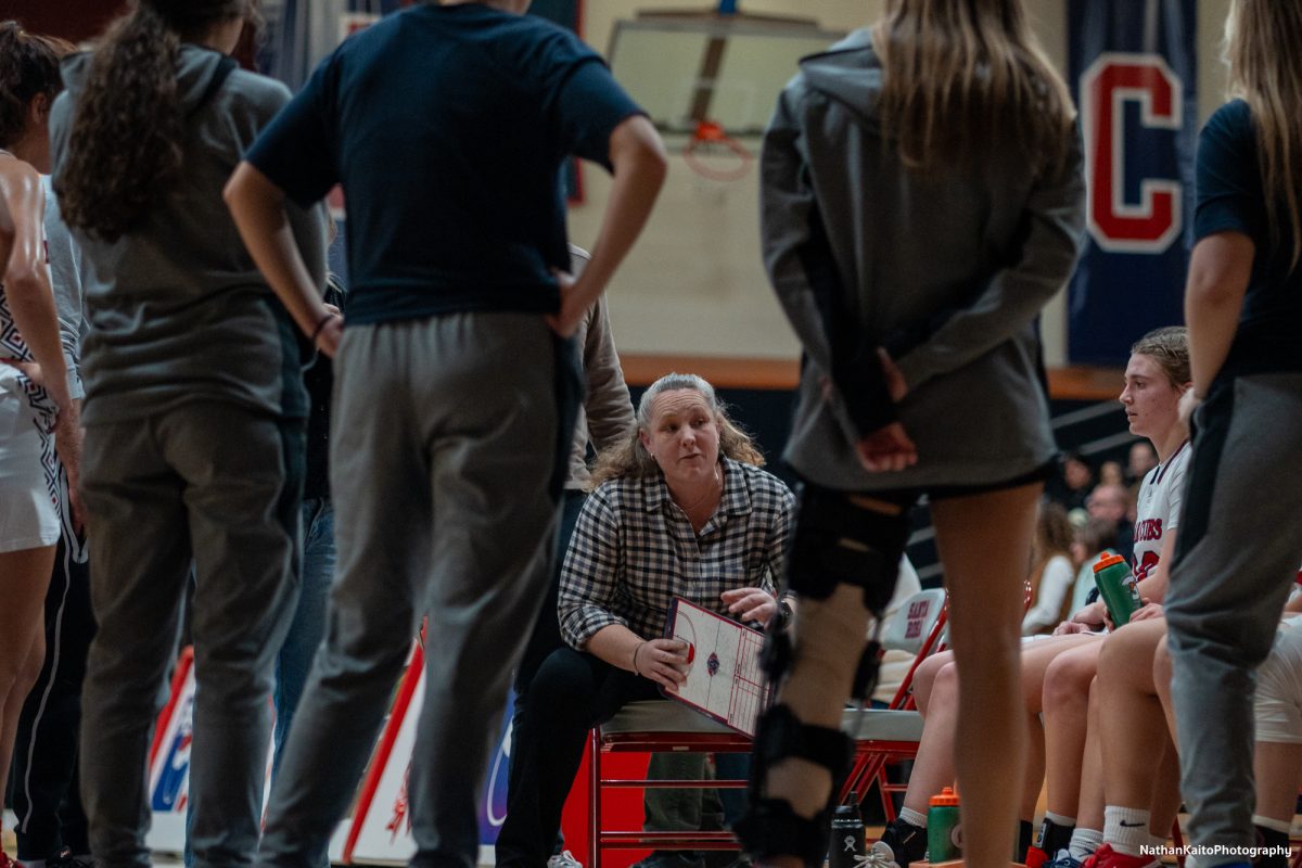 Santa Rosa’s head coach Laey Campbell rallies her team to hold out for the win against Butte at Haehl Pavilion on Tuesday, Dec. 10, 2024