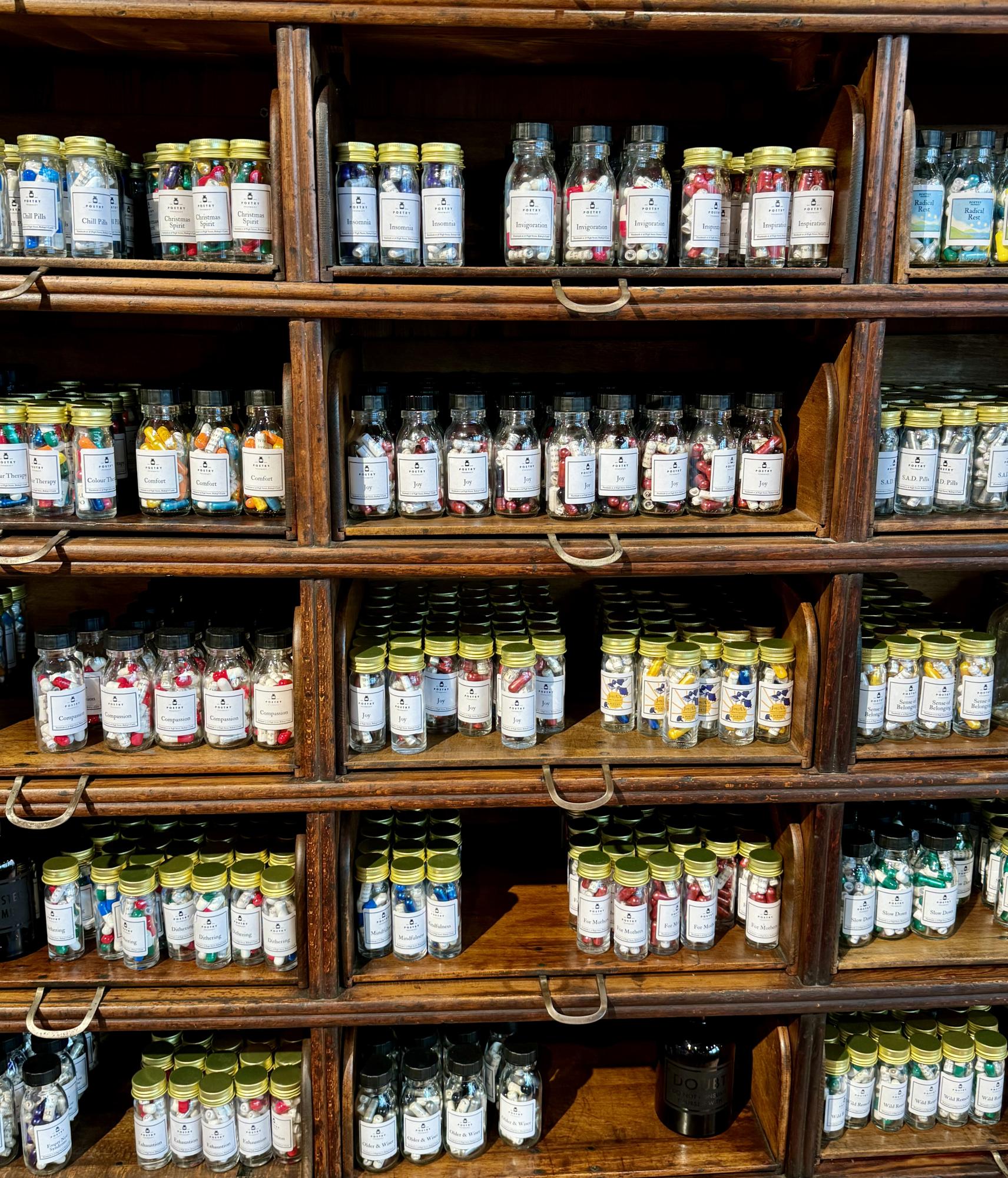 Bottles filled with poems line the shelves of the Poetry Pharmacy in London. Each bottle offers aid of the literary kind - poems rolled into capsules. Prescriptions  are available for dozens of needs, including exhaustion, empty nest syndrome, insomnia, mindfulness and more.