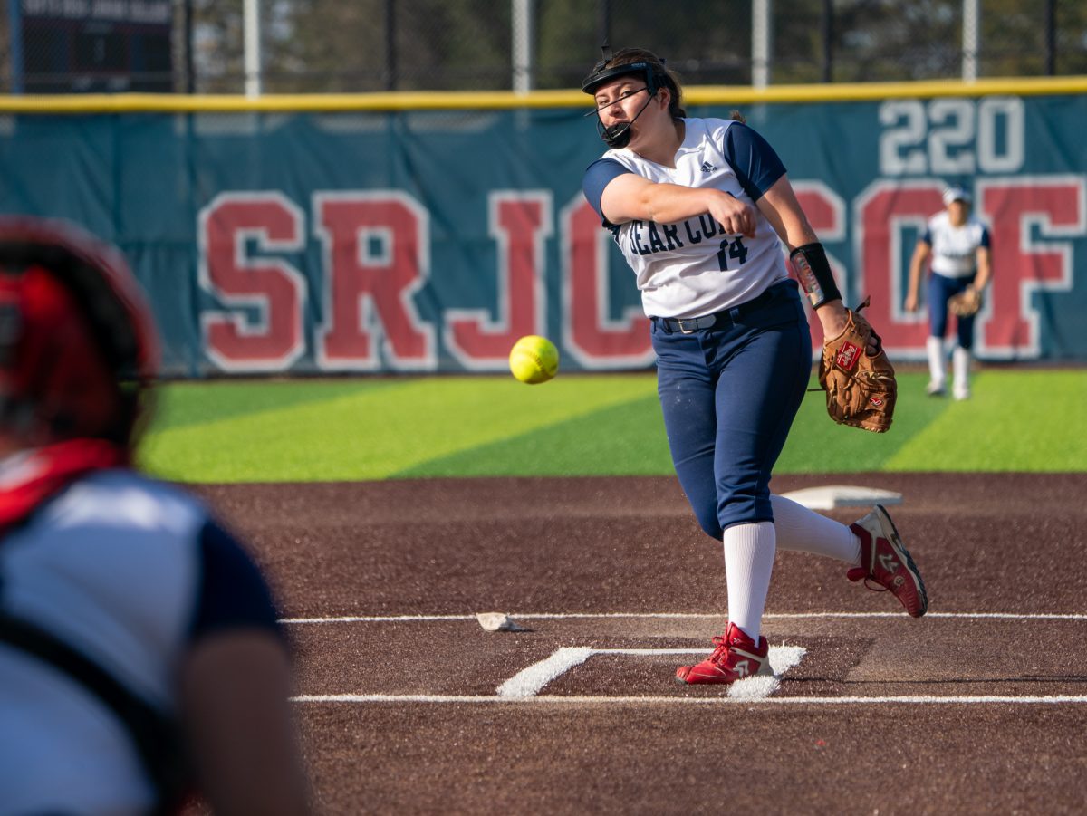 Freshman pitcher Mya Gonzalez pitches a complete game in the second game against Hartnell at home on Friday, Jan. 24, 2025.