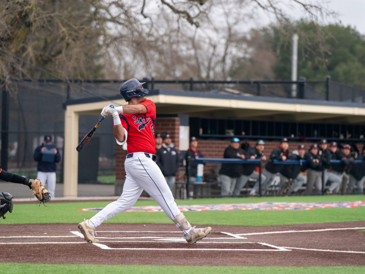 Santa Rosa's first baseman Josh Martin flies out to center field in the bottom of the first against Los Medanos at home on Wednesday, Jan. 29, 2025.