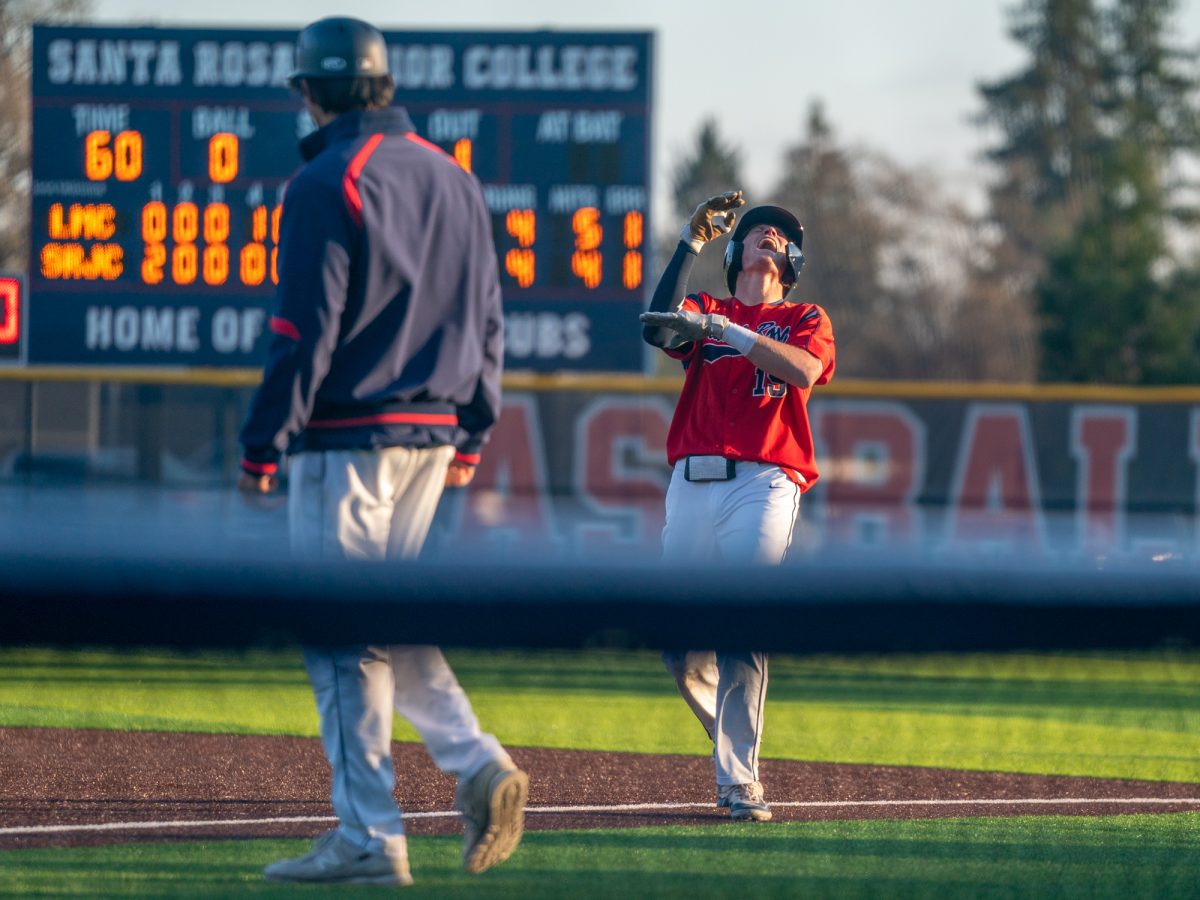 Santa Rosa shortstop Brett Neidlinger ties the game after a single in the bottom of the eight against Lost Medanos at home on Wednesday, Jan. 29, 2025.