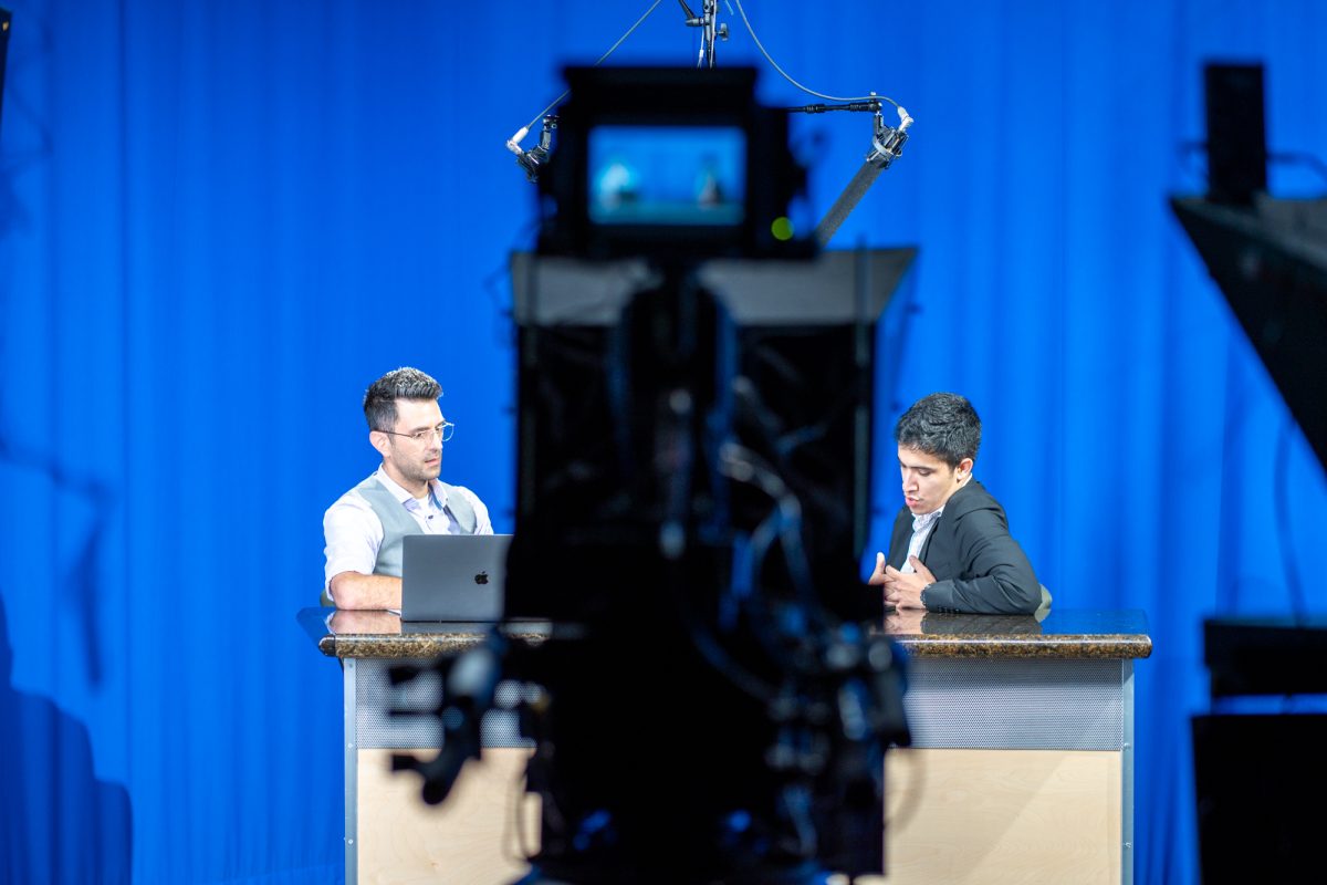 Santa Rosa Junior College Instructor Alexis Pulos answers questions of host Salvador Sandoval-Garduno during the Oak Leaf's election night livestream in the Frank P. Doyle Library studio on Tuesday, Nov. 5, 2024.