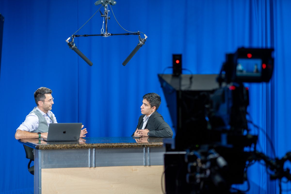 SRJC professor Alexis Pulos, and The Oak Leaf's Salvador Sandoval-Garduno speak in depth about the media's influence on the election in the studio in Frank P. Doyle Library on Tuesday, Nov. 5th, 2024.