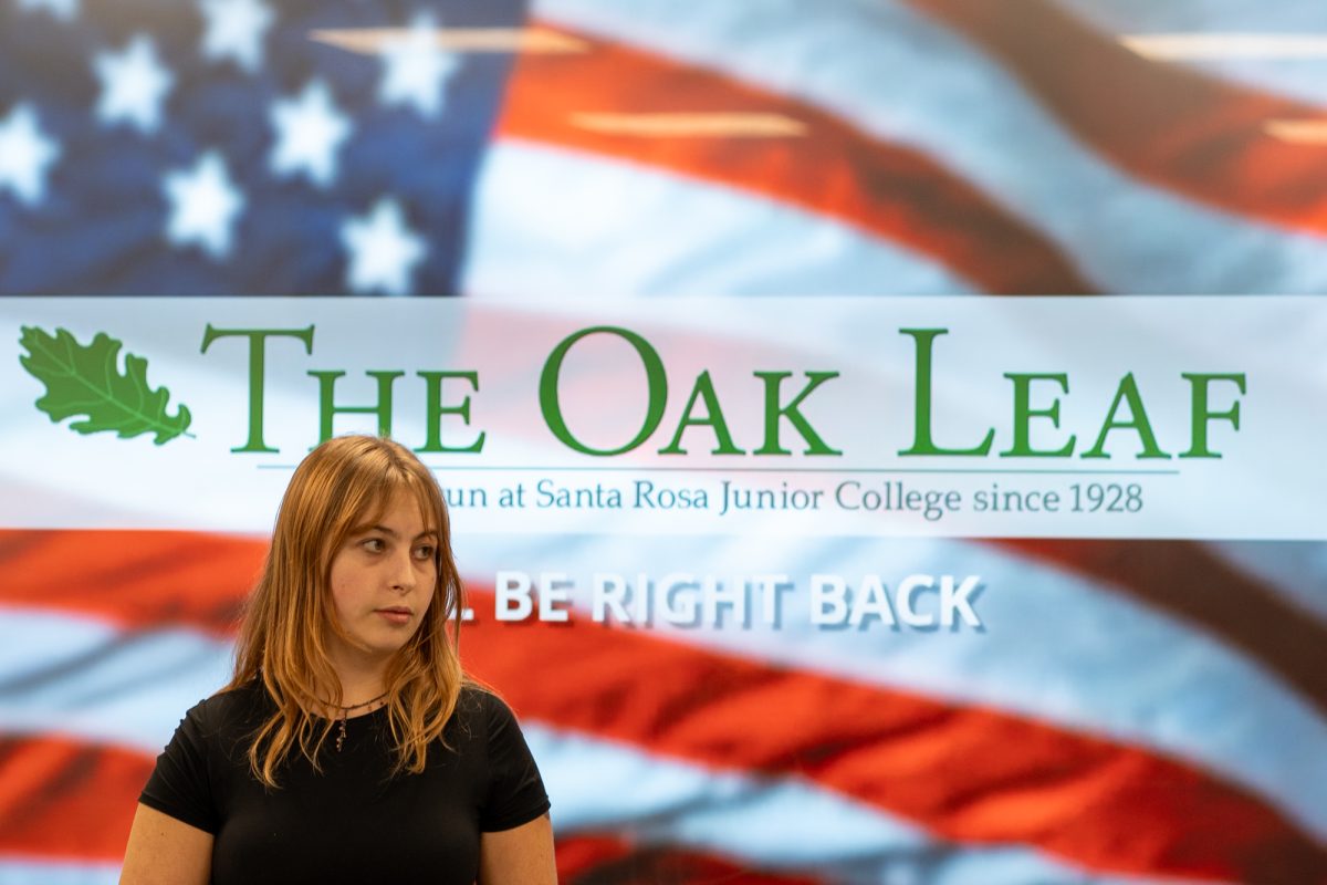 The Oak Leaf's news editor Emelle Raschein leads the newsroom as they gather information for the election day coverage live stream in the studio in Frank P. Doyle Library on Tuesday, Nov. 5, 2024.