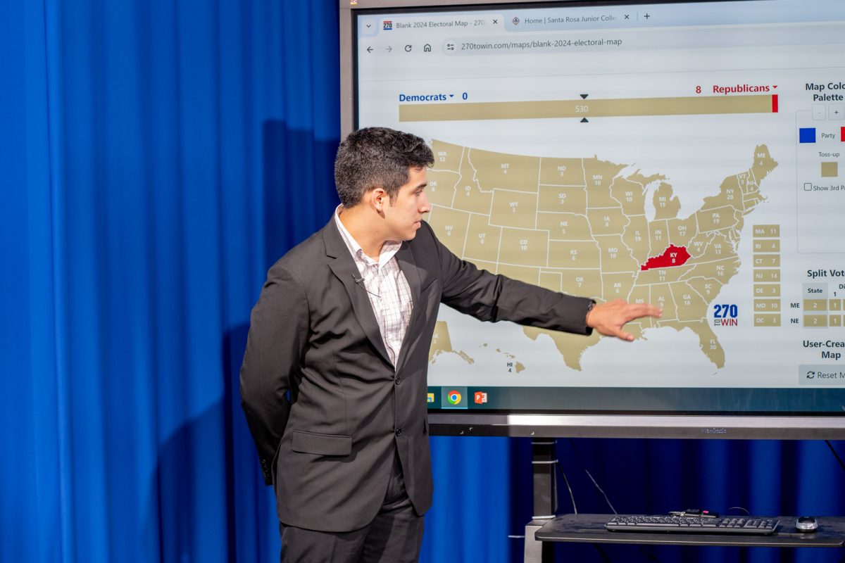 The Oak Leaf's news editor and election day coverage host Salvador Sandoval-Garduno points out which states have been announced in the studio in Frank P. Doyle Library on Tuesday, Nov. 5, 2024.