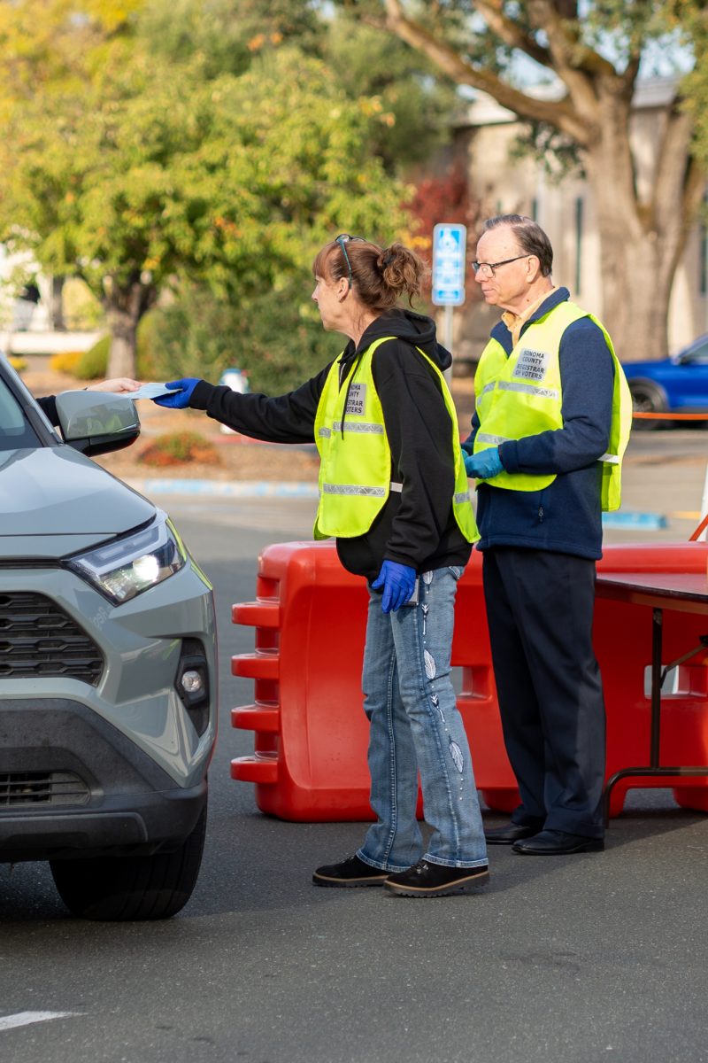 Ballots are collected via drive-through and deposited into a locked safety box at the Registrar of Voters in Santa Rosa on Tuesday, Nov. 5, 2024.