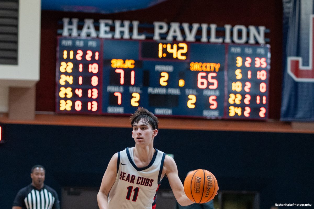 Santa Rosa’s guard Spencer Langowski surges forward as the Bear Cubs’ build momentum in the latter stages of the game against Sac City at Haehl Pavilion on Tuesday, Jan. 14, 2025.