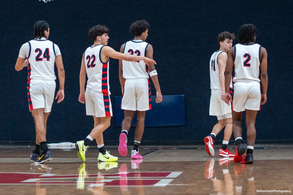 The five Santa Rosa players on the court return to a defensive position following a time-out against Sac City at Haehl Pavilion on Tuesday, Jan. 14, 2025.