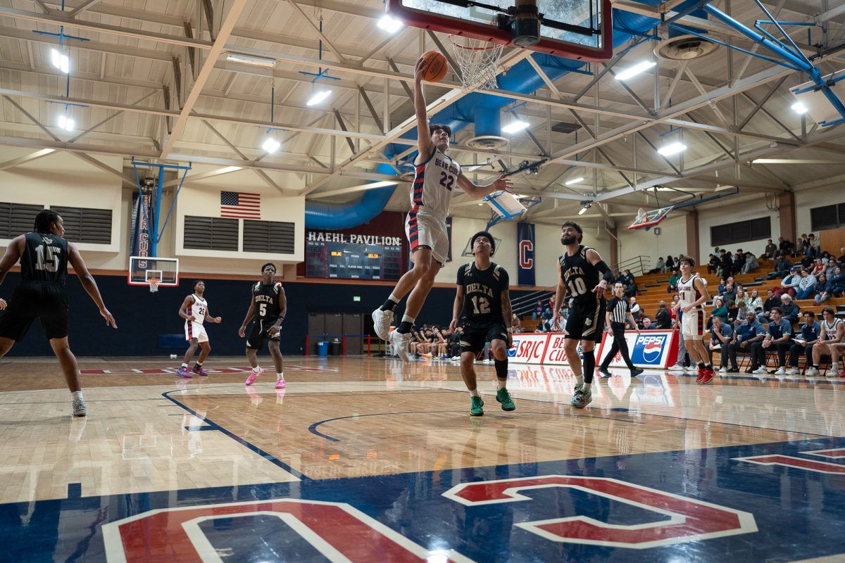 SRJC guard Andrew Pengel goes in deep for a layup against San Joaquin Delta at Haehl Pavilion on Friday Jan.24, 2025.