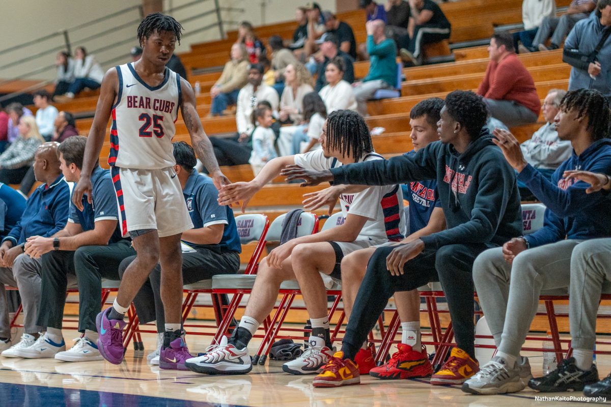 Bear Cubs’ guard Gavin Cook-Whisenton gets welcomed back to the bench to get some rest after a powerful all-round performance against Sac City at Haehl Pavilion on Tuesday, Jan. 14, 2025.