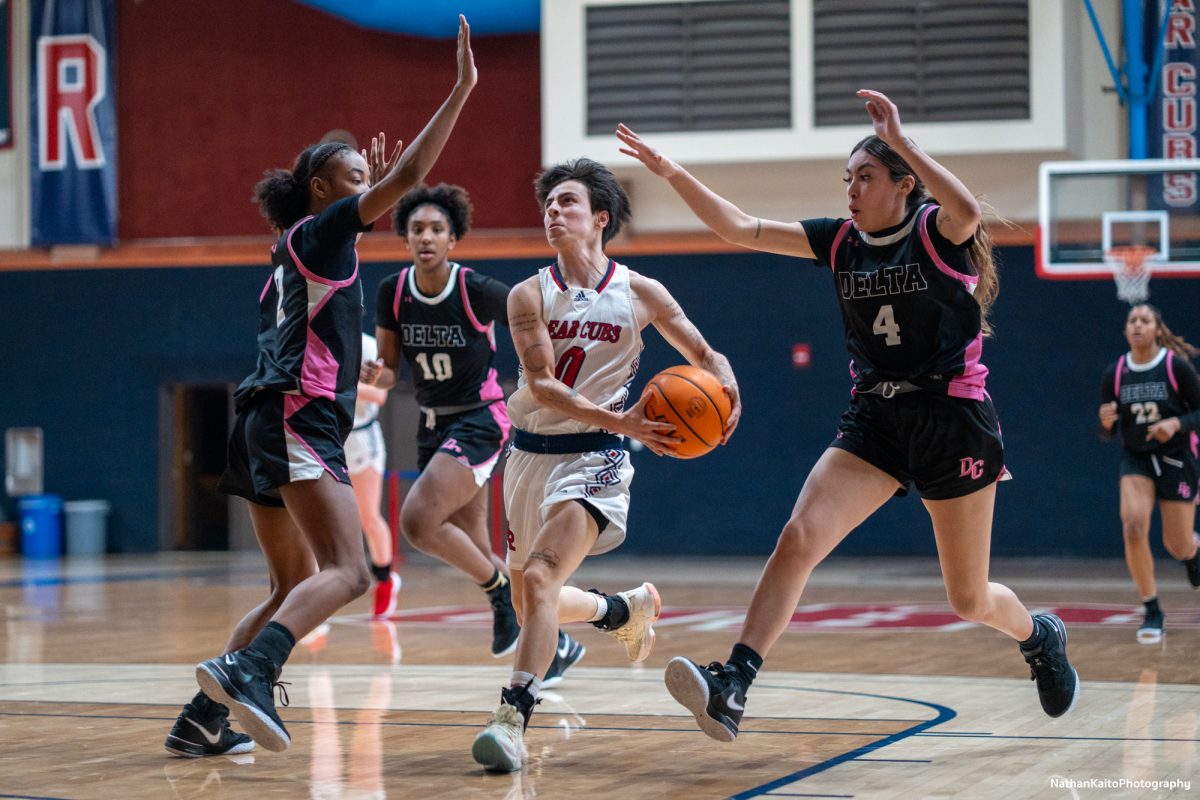 Bear Cubs guard Cele Urzua bursts into the paint, being guarded heavily as they look to fight back against San Joaquin Delta at Haehl Pavilion on Friday, Jan. 24th, 2025. 