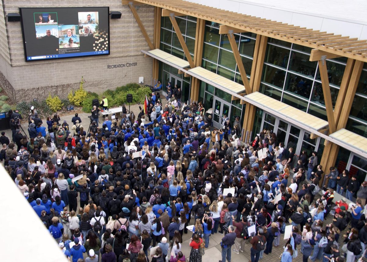 Hundreds of students gathered in Seawolf Plaza to view a Town Hall Q&A with Sonoma State administration, and to protest the recently approved budget cuts at the university on Thursday, Jan. 30, 2025. 