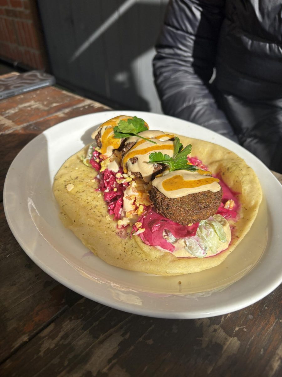 Grossman’s Falafel Pita served on a plate, on the outdoor patio, on Wednesday, Jan. 8, in the Historic Railroad Square in Downtown Santa Rosa.