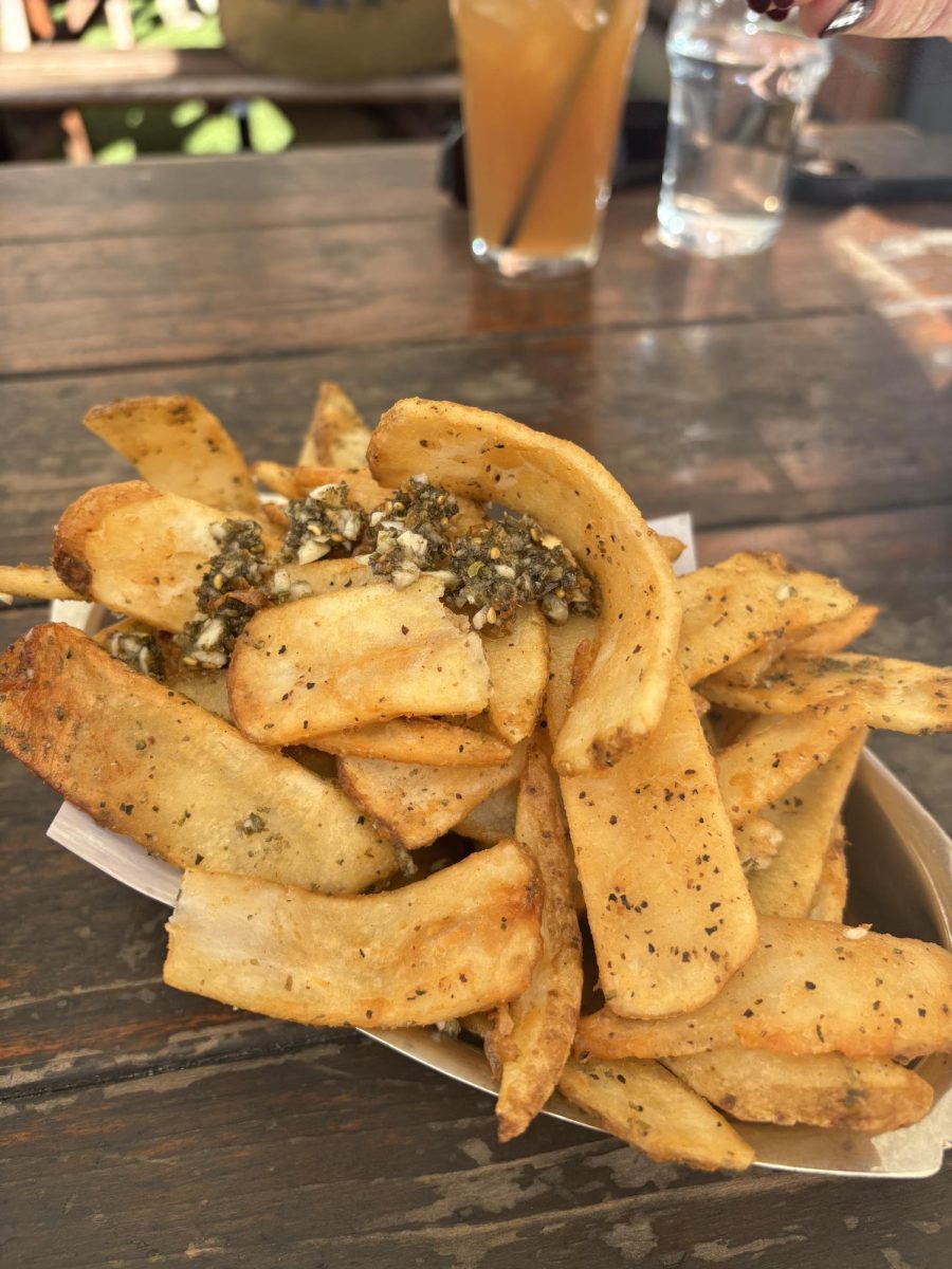 The Spiced Fries, dressed in minced garlic and Za’tar seasoning, sit at the picnic tables on the outdoor patio, on Wednesday, Jan. 8, in the Historic Railroad Square in Downtown Santa Rosa.