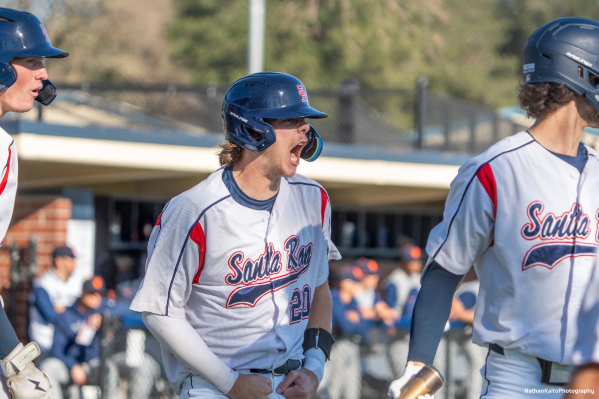 Bear Cubs catcher Mason Cox celebrates after scoring against West Valley College on Tuesday, Jan. 28, 2025 in Santa Rosa.