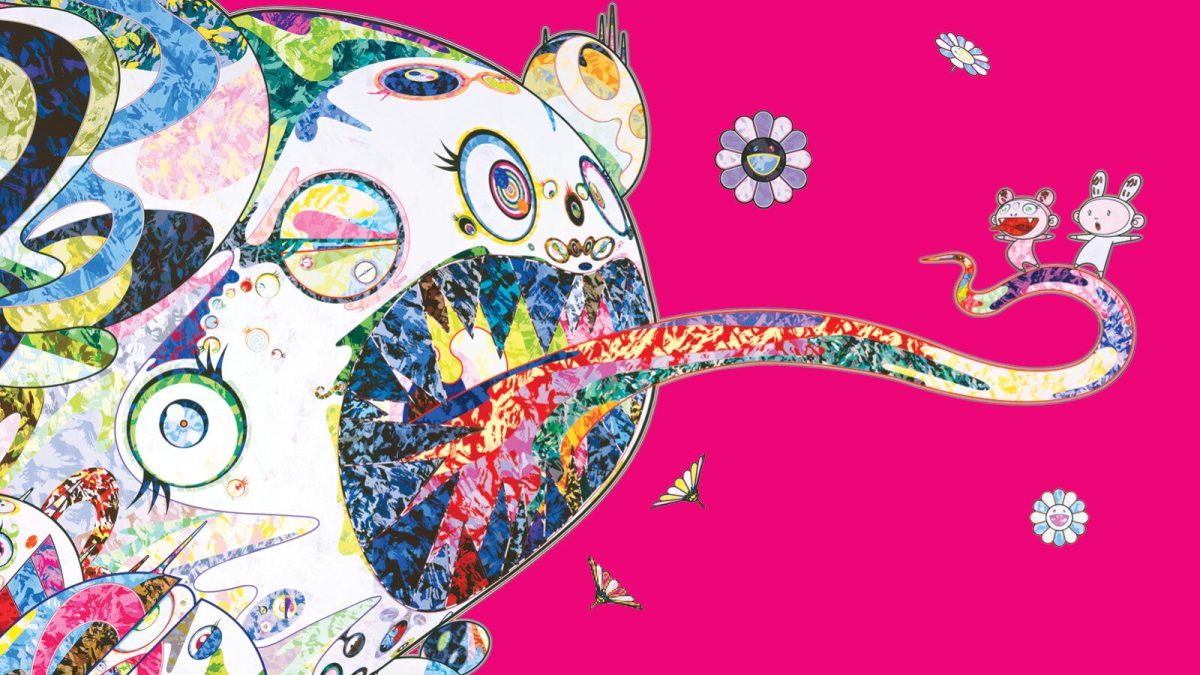 An art piece by Takashi Murakami used as poster art for his "Unfamiliar People - Swelling of ?Monsterized Human Ego" 2023 San Francisco exhibit.