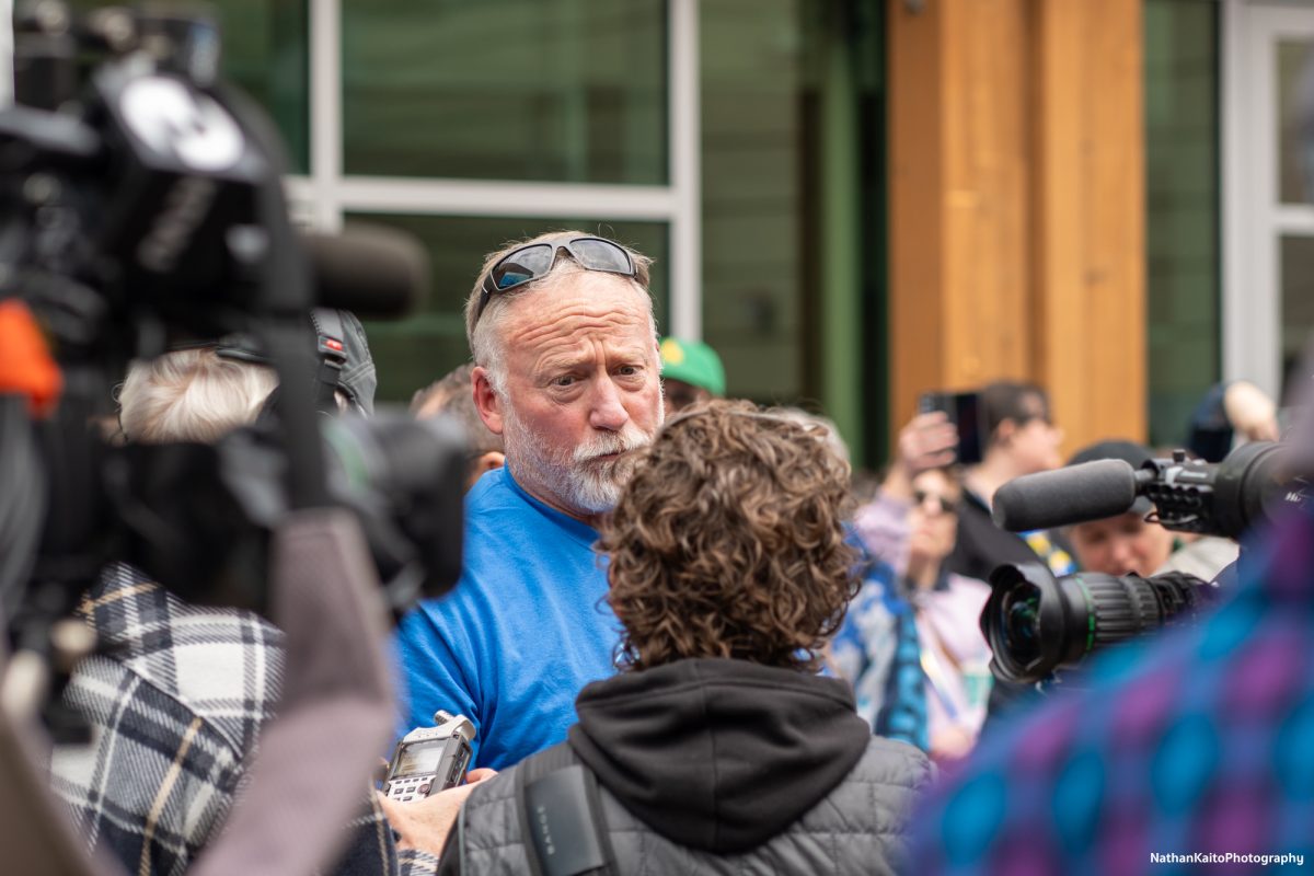 Sonoma State University's assistant soccer coach Benjamin Ziemer speaks to the media to voice his concerns and protests of the budget and department cuts in Rohnert Park on Thursday, Jan. 30, 2025.