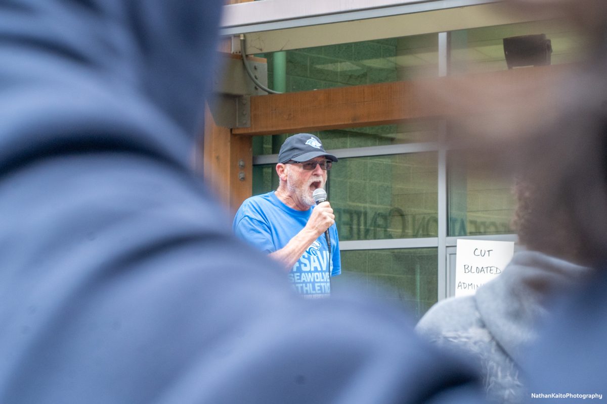 Sonoma State University's Marcus Ziemer angrily chants with the crowd in protest of the budget cuts in Rohnert Park on Thursday, Jan. 30, 2025.