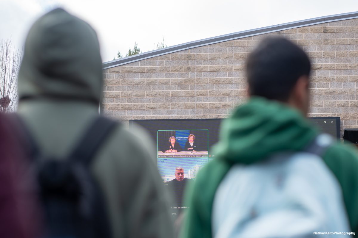 Sonoma State University students watch on as President Emily Cutrer and Head of Academic Affairs Karen Moranski answer questions in Rohnert Park on Thursday, Jan. 30th, 2025.