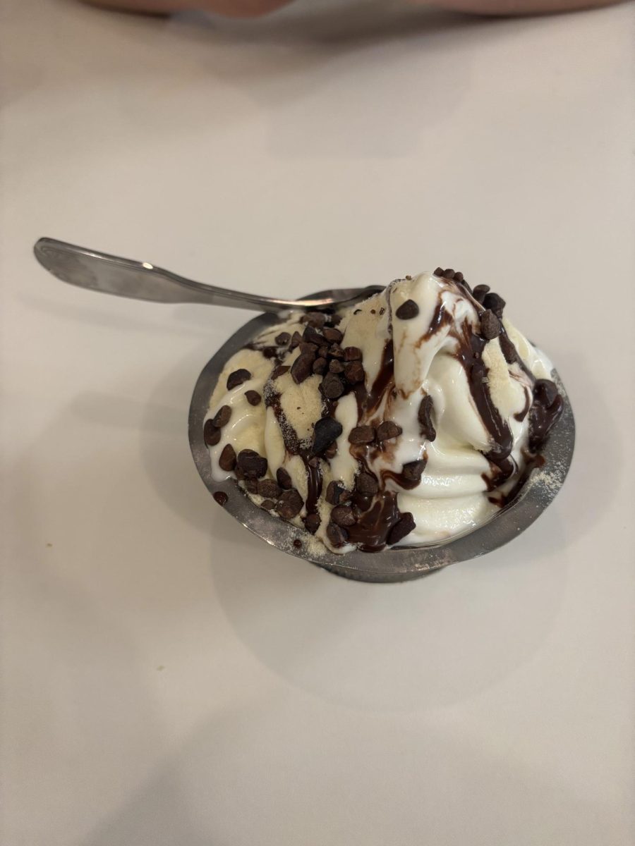 A dessert option at Slow Co Pizza, a soft serve, made with Valley Ford ice cream base, topped with malt powder, chocolate sauce, and cocoa nibs, and served in a classic metal bowl at Slow Co’s flagship storefront in Cotati, California, On Tuesday, Jan 14th, 2025.