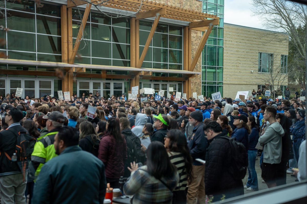 Sonoma State University students fill up Seawolf plaza in protest of Sonoma State University's budget cuts in Rohnert Park on Thursday, Jan. 30, 2025.