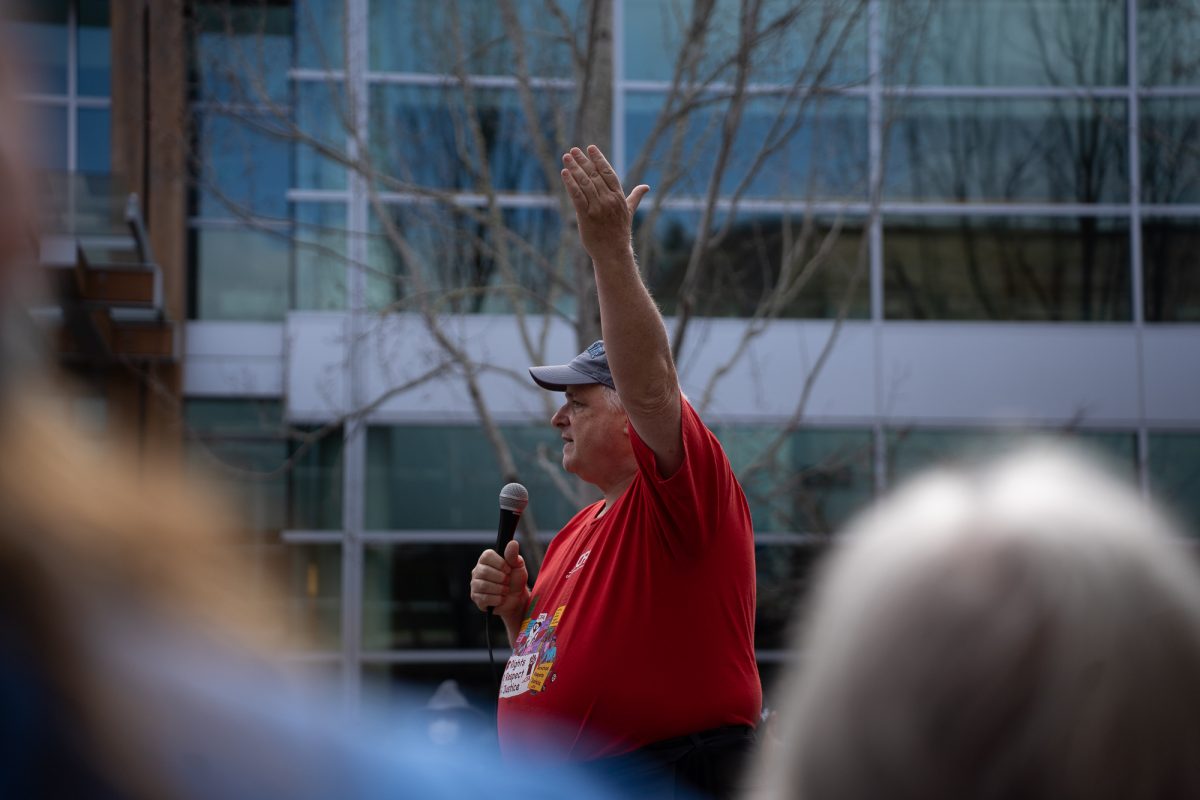 Timothy Wandling amping up the crowd in protest of Sonoma State University's budget cuts in Rohnert Park on Thursday, Jan. 30, 2025.