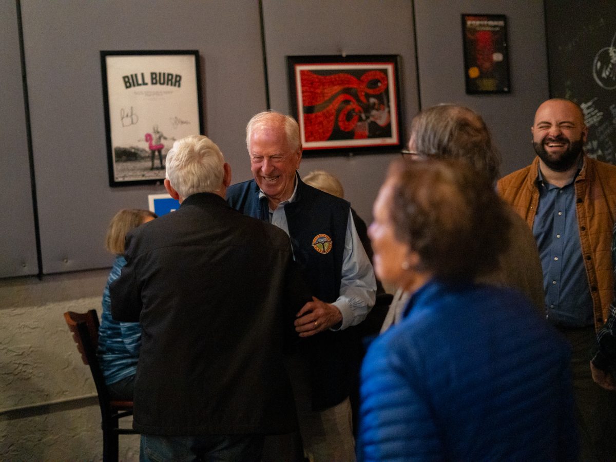 Representative Mike Thompson is greeted with all smiles at the Democratic watch party at Barrelproof Lounge in Santa Rosa on Tuesday, Nov. 5, 2024.