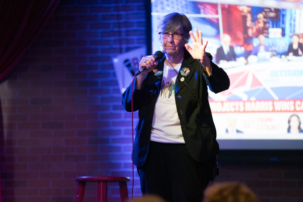 Pat Sabo, chair of the Sonoma County democratic party, addresses the attendees of the Democratic watch party at Barrelproof Lounge in Santa Rosa on Tuesday, Nov. 5, 2024.