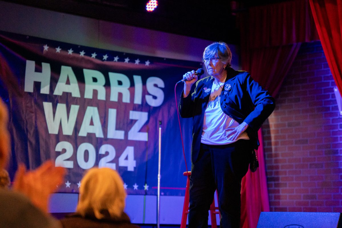 Pat Sabo, chair of the Sonoma County democratic party, speaks to attendees of the Democratic watch party at Barrelproof Lounge in Santa Rosa on Tuesday, Nov. 5, 2024.