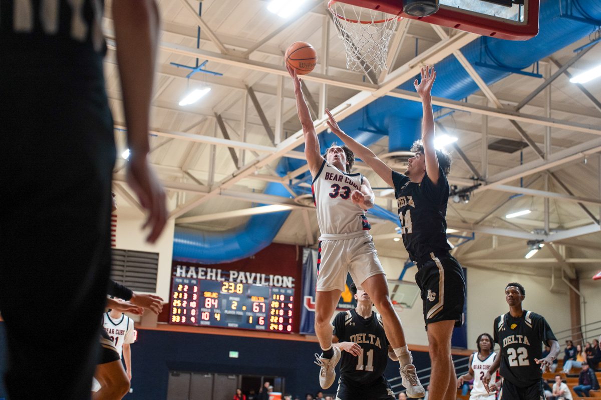 Bear Cubs' forward Audon Forgus hits the paint and attempts a layup against San Joaquin Delta at Haehl Pavilion on Friday Jan.24, 2025.