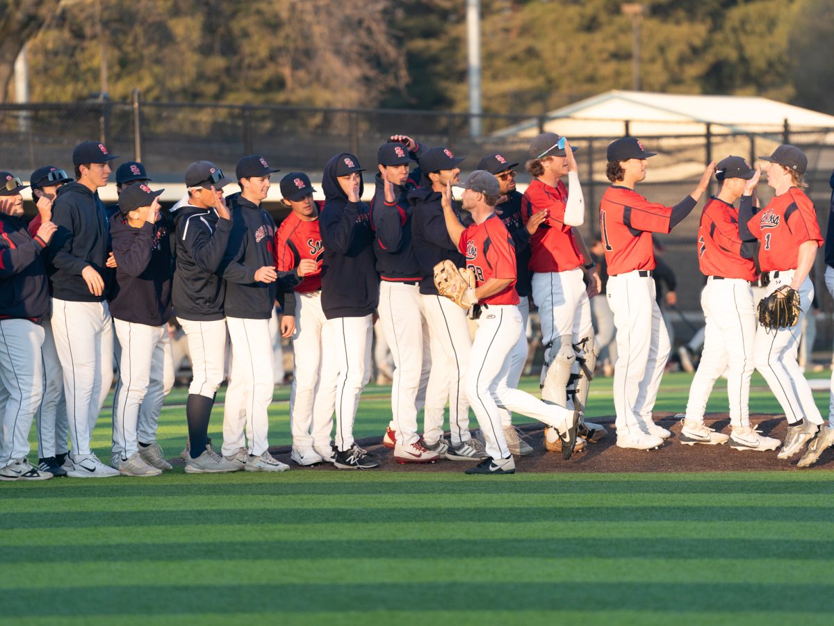 The SRJC baseball team celebrates after the win against Los Medanos at home on Wednesday, Jan. 29, 2025.