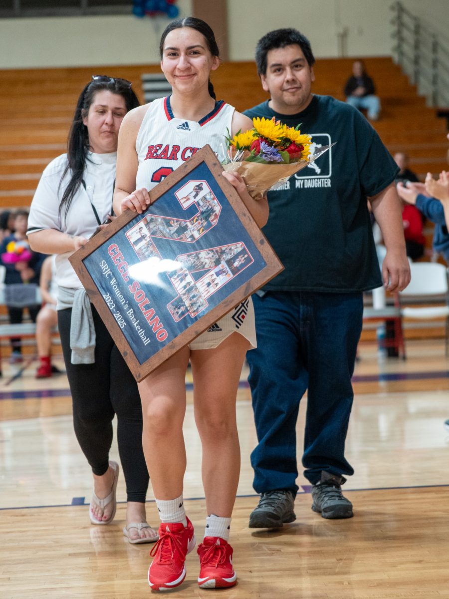 Cece Solano smiles for a photo on sophomore night ahead of the game against American River at home on Friday, Feb. 21, 2025.