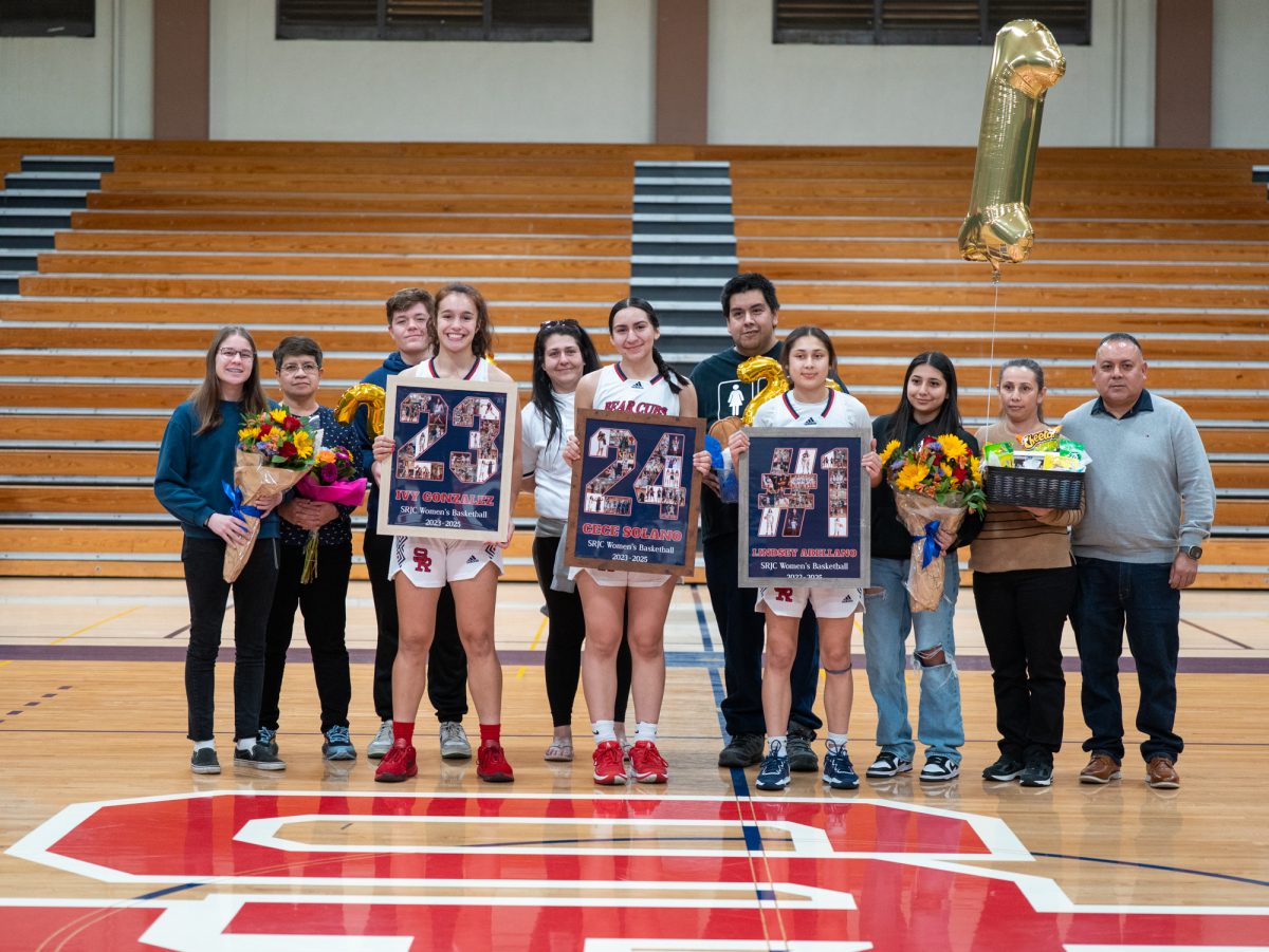 Front row from left to right: Ivy Gonzalez, Cece Solano and Lindsey Arellano ahead of the game against American River at home on Friday, Feb. 21, 2025.