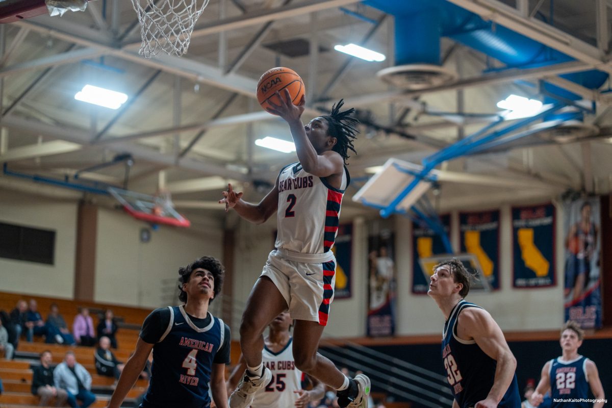 SRJC's guard Yanik Anderson rises up for a lay-up during a dominant period in the first half against American River at Haehl Pavilion on Friday, Feb. 21, 2025.