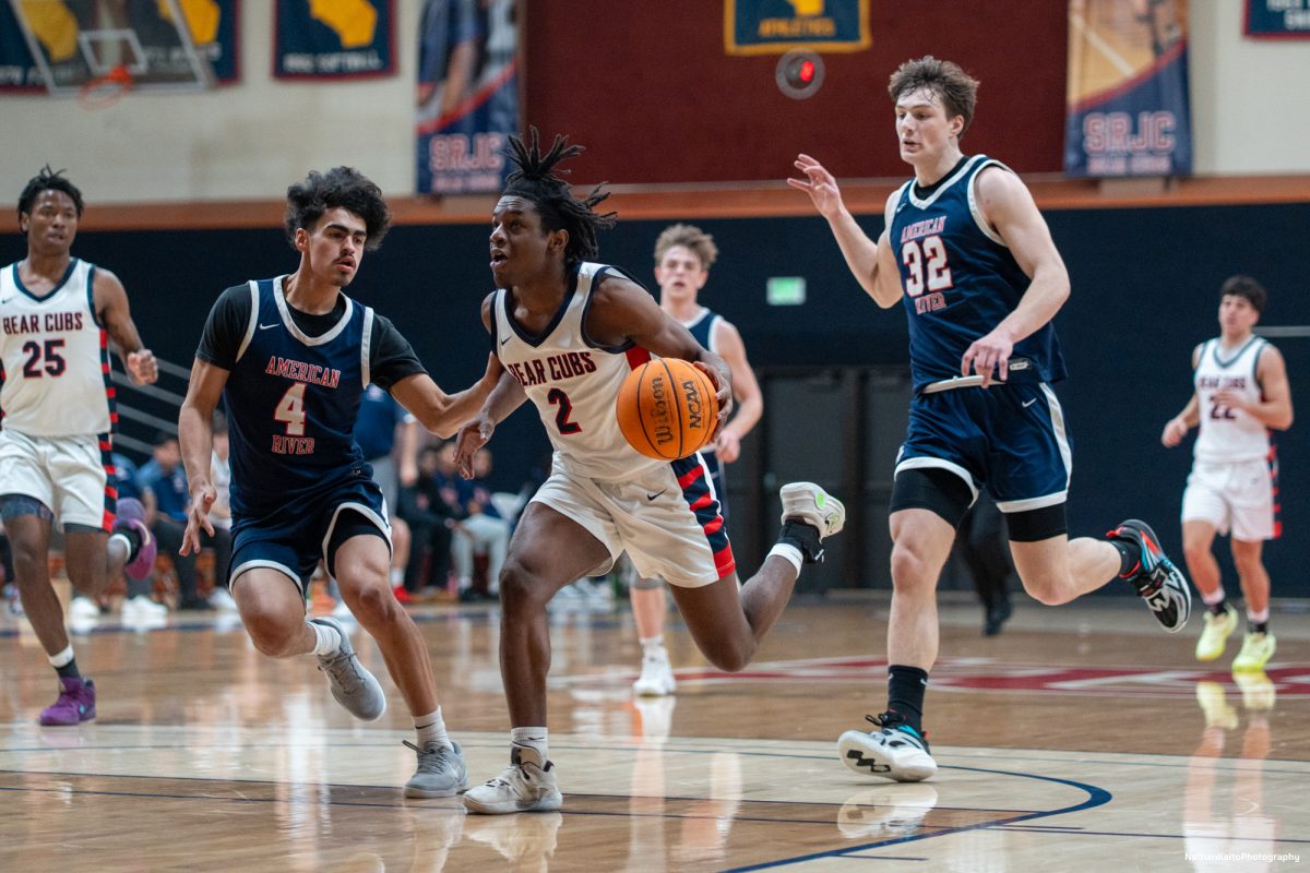 Bear Cubs' guard Yanik Anderson bursts into the paint and looks to get to the rim for a layup against American River on Friday, Feb. 21, 2025.