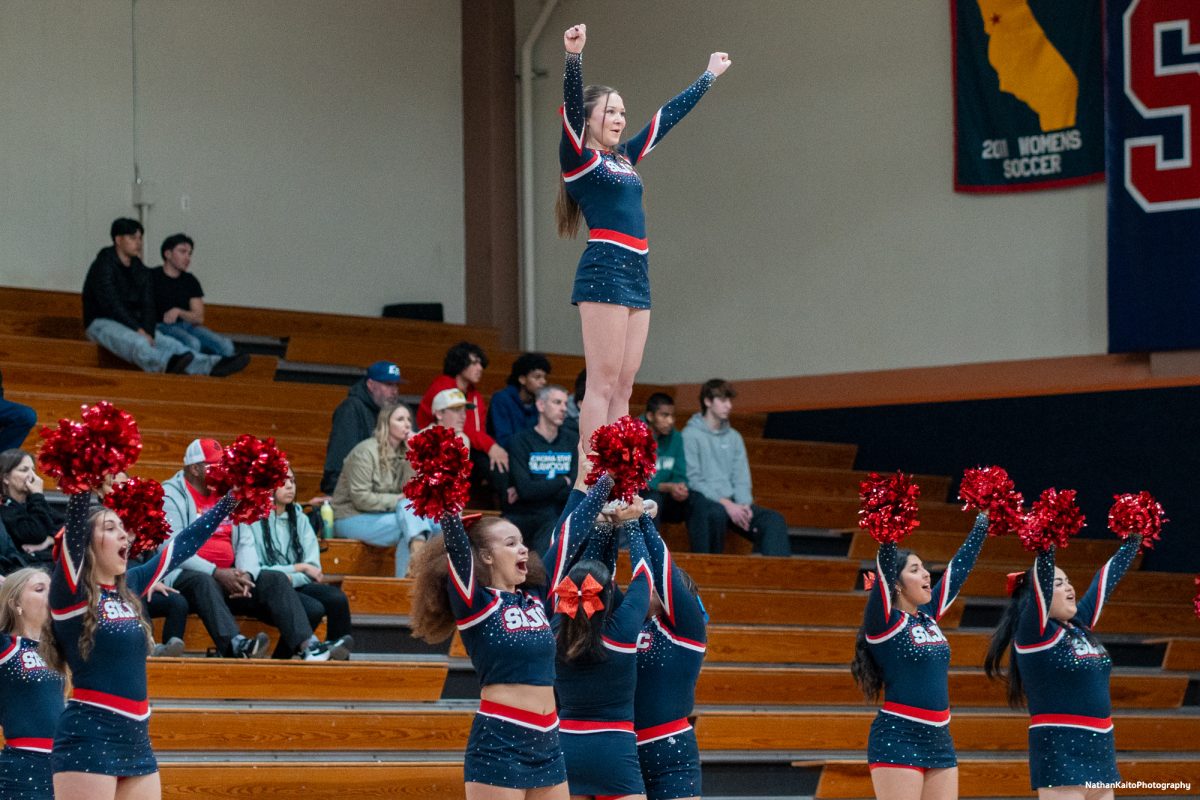 SRJC's cheerleaders supports the Bear Cubs in full voice during their game against Cosumnes River at Haehl Pavilion on Friday, Feb. 7, 2025.