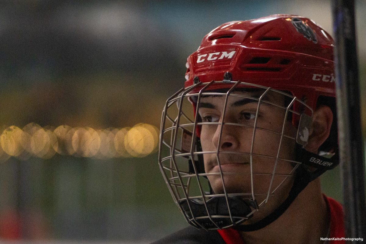 The Polar Bears' forward Antonio Hernandez puts his gameface on before an intense game against Fresno at Snoopy's Home Ice on Saturday, Feb. 1, 2025.