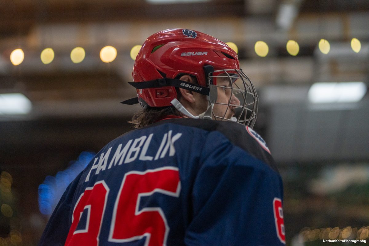 The Polar Bears' defenseman Owen Hamblin looks on after tussling for the puck against Fresno at Snoopy's Home Ice on Saturday, Feb. 2, 2025.