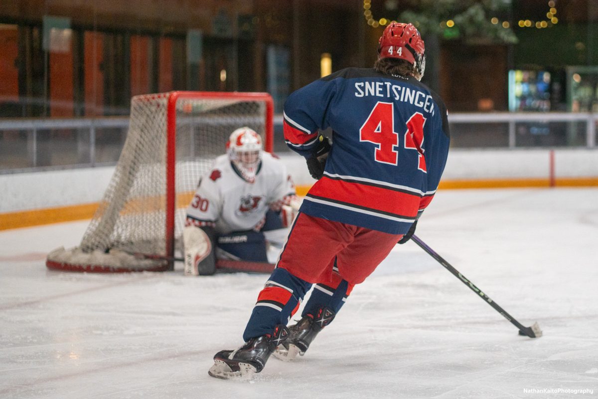 Santa Rosa's forward Grant Snetsinger bears down on goal against Fresno at Snoopy's Home Ice on Saturday, Feb. 1, 2025.