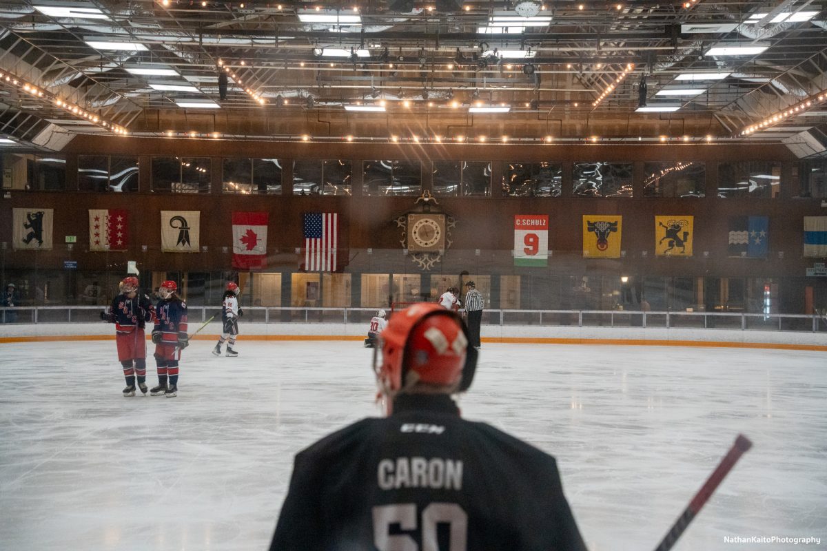 The Polar Bears' Luc Caron looks out at the rink during a break play against Fresno at Snoopy's Home Ice on Friday, Jan. 31, 2025.