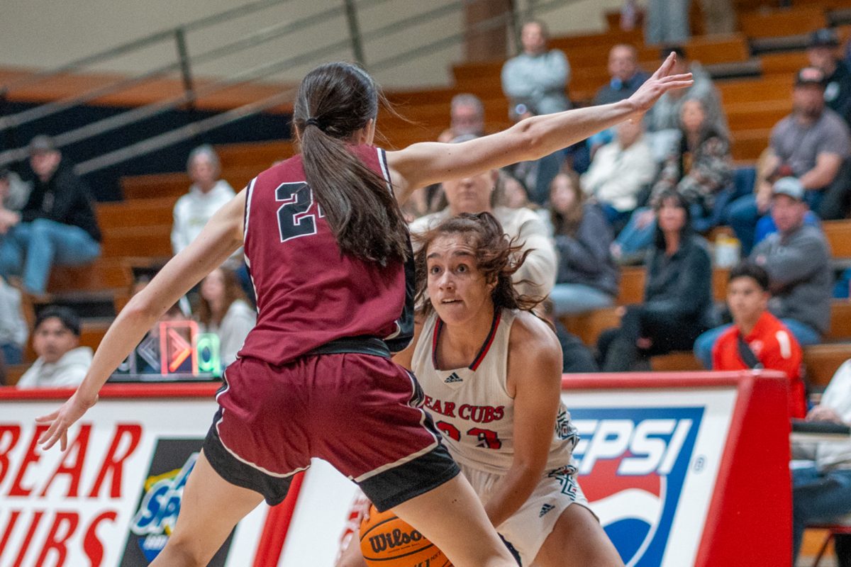 SRJC's Ivy Gonzalez squares up with her defender from Sierra as the Bear Cubs look to mount a comeback at Haehl Pavilion on Jan. 11, 2025.