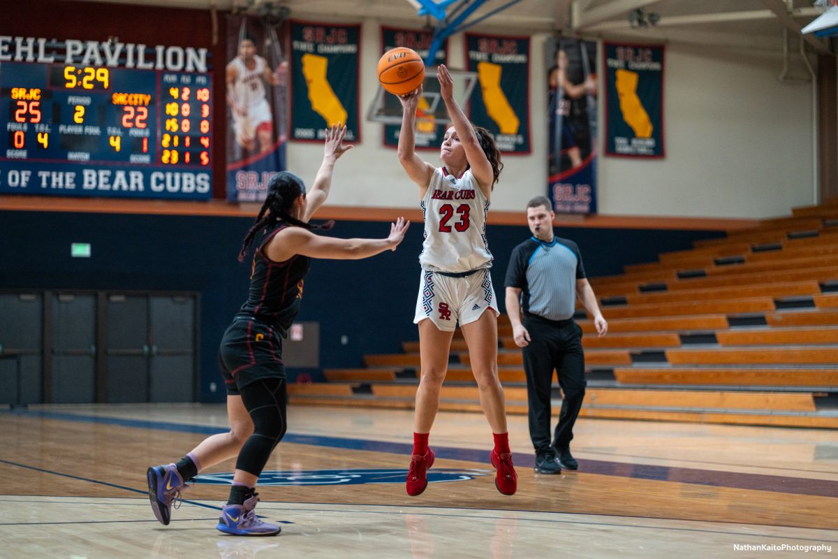 Santa Rosa's guard Ivy Gonzalez rises above her defender for a three-pointer against Sac City on Jan. 14, 2025.