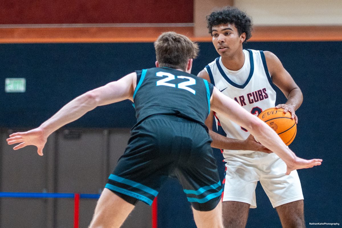 SRJC's forward Jaden Washington suqares up with the Hawk's Miko Bear at Haehl Pavilion on Friday, Feb. 14, 2025. 