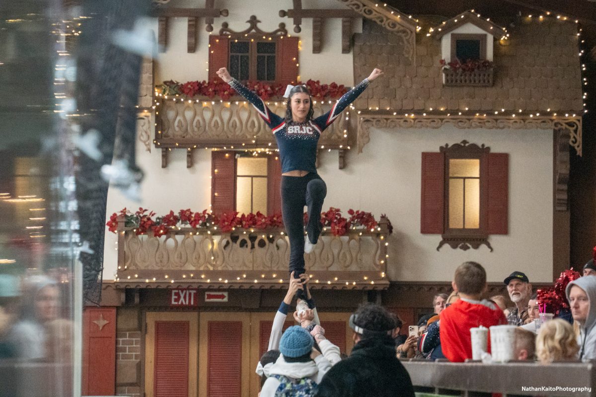 The SRJC Cheerleaders amps up the crowd and cheers on the Polar Bears as they clash with the Fresno Bulldogs on Jan. 31, 2025.