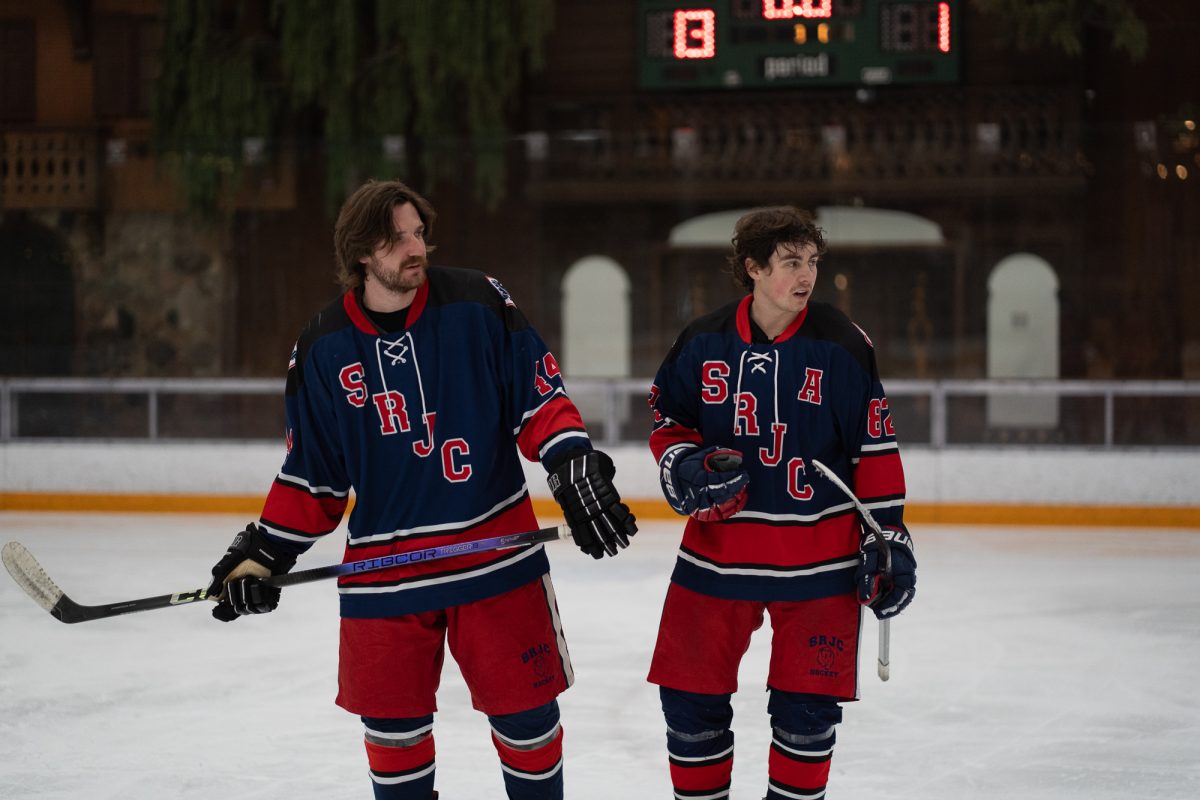 Santa Rosa forward Grant Snetsinger, left, and forward/defense Jonah Petrus, right, take a moment after their match against Fresno State at Snoopy's Home Ice on Saturday, Feb. 1, 2025.