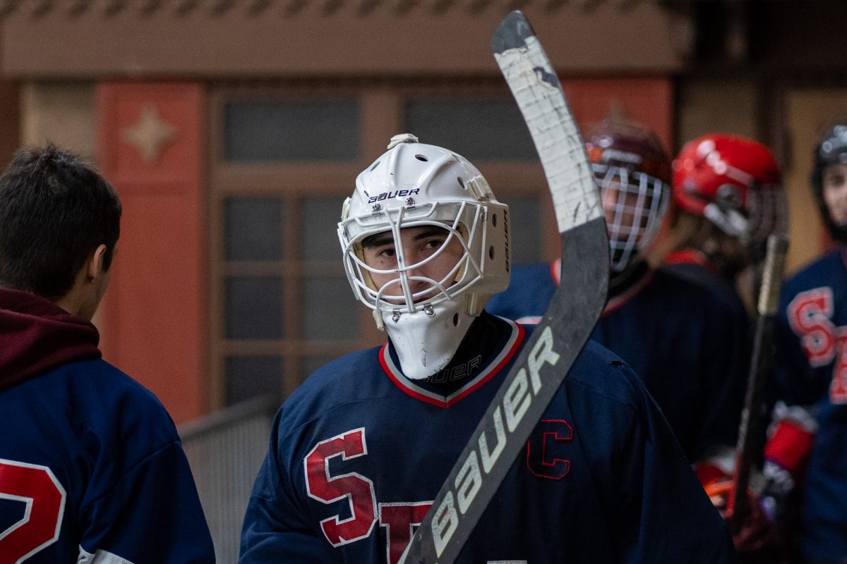 SRJC goalie Joshua Purpura makes his way back into the rink before his match against Fresno State at Snoopy's Home Ice on Saturday, Feb. 1, 2025.