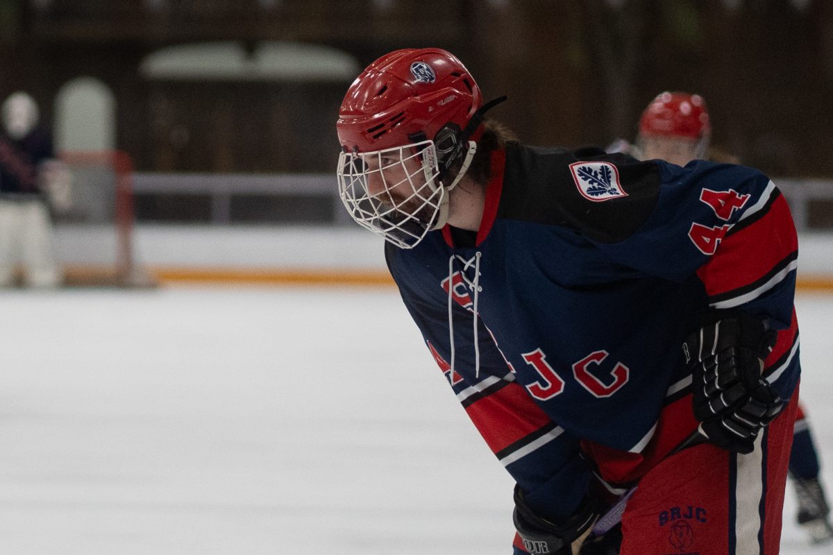 SRJC forward Grant Snetsinger waits diligently for his next move against Fresno State at Snoopy's Home Ice on Saturday, Feb. 1, 2025.