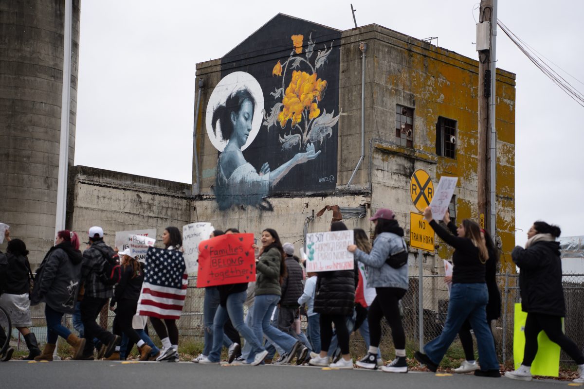 A mob of protesters march down Sebastapol Avenue in protest of the crackdown on immigration on Monday, Feb. 3, 2025.