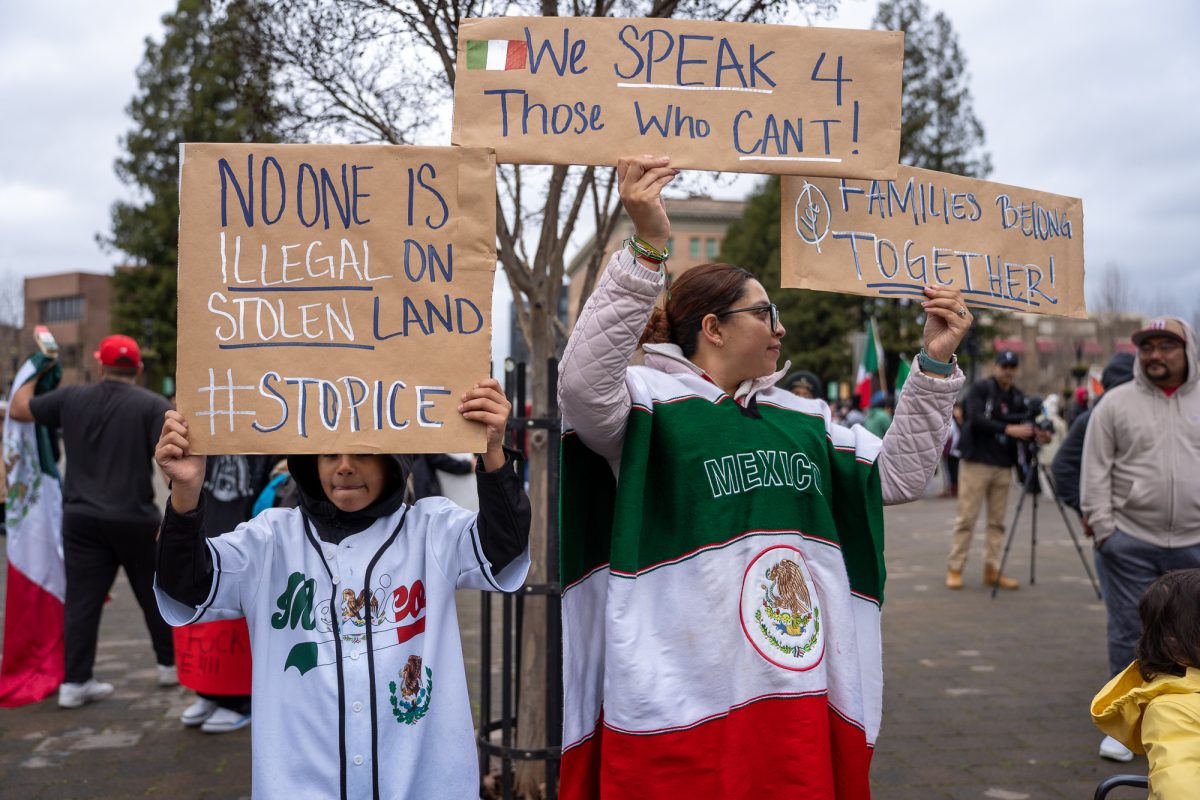 Picketers stand in protest of immigration crackdowns at Old Courthouse Square on Monday, Feb. 3, 2025.