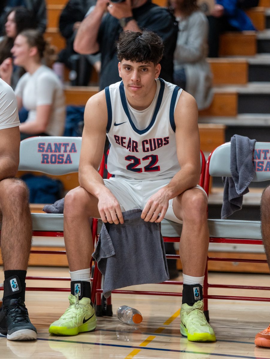 Sophomore guard Andrew Pengel gets focused ahead of the game against American River at home on Friday, Feb. 21, 2025.